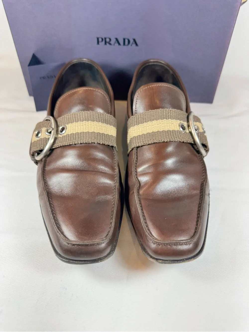 Prada Men’s Dark Brown Leather Monk Strap Buckle Loafers Woven Buckle Size 9